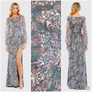 MAC DUGGAL 93750 Womens Embellished Illusion Long Sleeve Faux Wrap Gown Dress